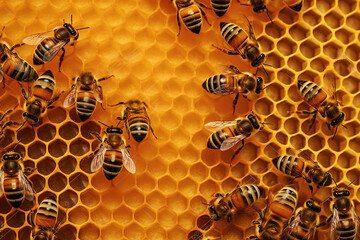 Generative AI image of bees on honeycomb.