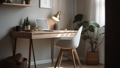 Modern home office with comfortable chair, elegant design and technology generated by AI