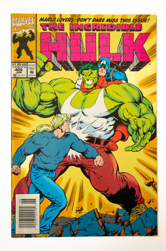 Calgary, Alberta - May 17, 2023: Covers of vintage Marvel Incredible Hulk comics.