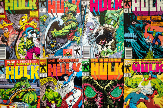 Calgary, Alberta - May 17, 2023: Covers of vintage Marvel Incredible Hulk comics.