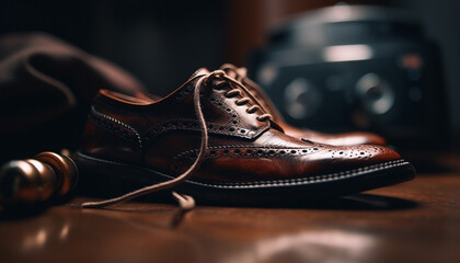 Fototapeta na wymiar Modern men leather shoes exude elegance and fashion on table generated by AI