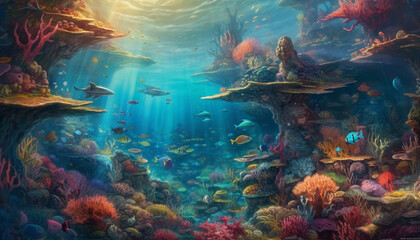 Fototapeta na wymiar underwater landscape with fish, coral, and aquatic animals generated by AI