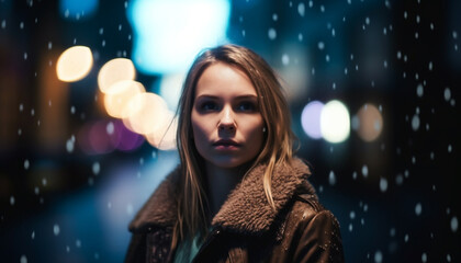 A smiling young woman in winter rain, elegance and beauty generated by AI