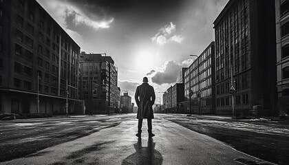 A lone businessman stands in the city, reflecting on success generated by AI