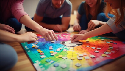 Group of friends playing puzzle, enjoying leisure activity indoors together generated by AI