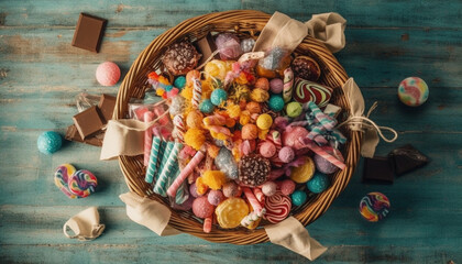 A rustic wicker basket holds a variety of homemade sweets generated by AI