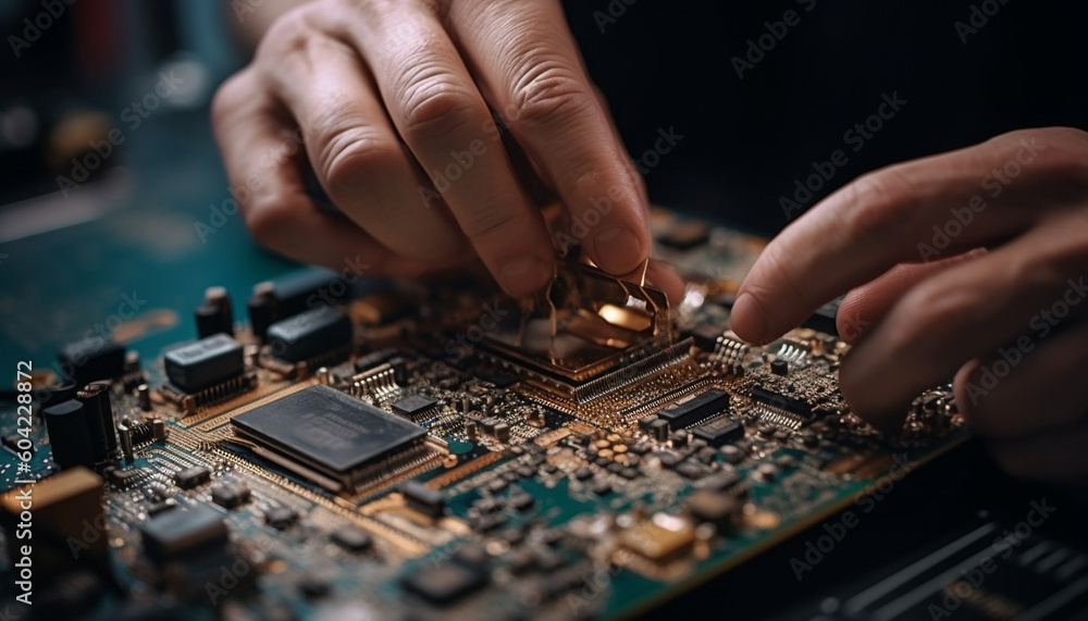 Poster expert technician disassembling computer chip with soldering iron for repair generated by ai
