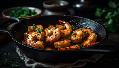 Grilled prawn and scampi appetizer with fresh seafood and herbs generated by AI
