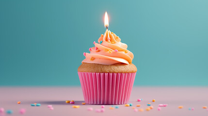 Composition with birthday cupcake on pink background. Generative AI