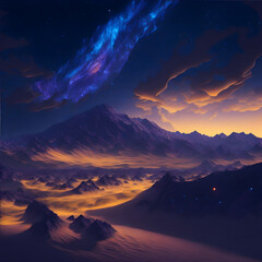 3Dc night landscape with mountains and glowing clouds in the sky