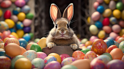 Fototapeta na wymiar Happy easter bunny with many colorful easter eggs. 