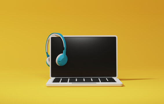 Stylish bright blue 3D over-ear wireless headphones and laptop isolated on yellow background