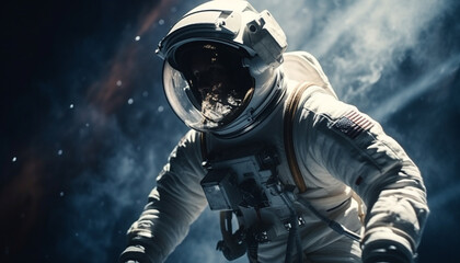 Fototapeta premium One army soldier aiming rifle outdoors in futuristic protective suit generated by AI