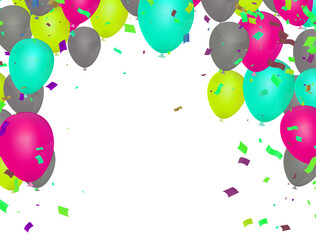 Colored balloons and confetti on white background. Vector illustration.