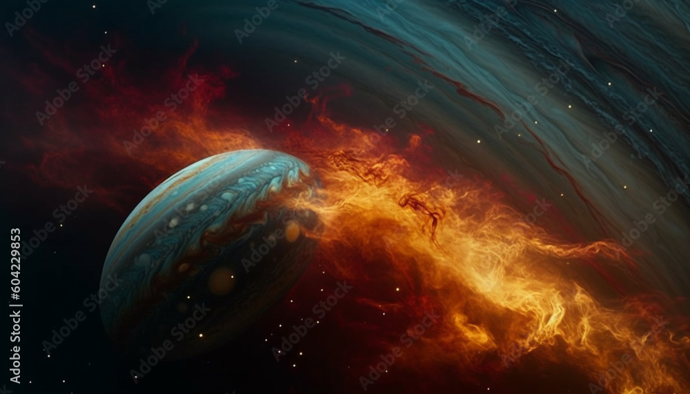 Aufkleber spaceship orbits planet in glowing nebula, surreal space exploration fantasy generated by ai