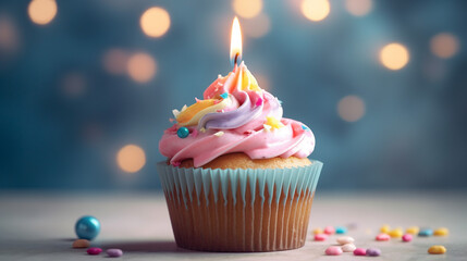 Delicious birthday cupcake on table on light background. 