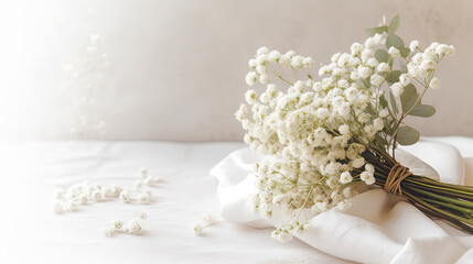 Styled stock photo. Feminine wedding desktop mockup with baby's breath Gypsophila flowers