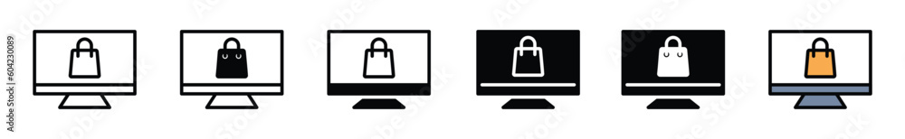 Poster online shop icon. shopping bag on computer icon vector in line, flat, and color style on white backg