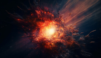 Fototapeta na wymiar Exploding galaxy illuminates abstract space, a fiery natural phenomenon wallpaper generated by AI
