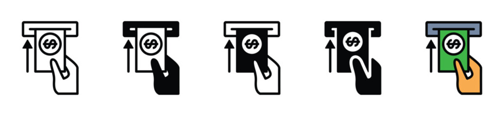 Cash deposit icon. Insert money into the ATM slot symbol in line, flat, and color style on white background with editable stroke for apps and websites. Vector illustration