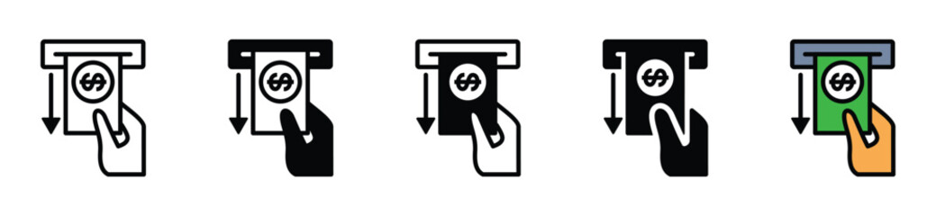 Cash withdrawal icon. Withdraw money into the ATM slot symbol in line, flat, and color style on white background with editable stroke for apps and websites. Vector illustration