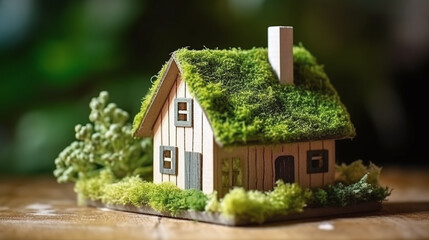Fototapeta na wymiar Green and environmentally friendly housing concept, Miniature wooden house in spring grass, eco concept, Generative AI Technology 