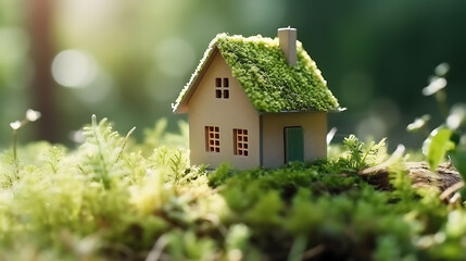 Fototapeta na wymiar Green and environmentally friendly housing concept, Miniature wooden house in spring grass, eco concept, Generative AI Technology 