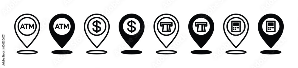 Poster atm location icon. bank pin map markers icon symbol in line and flat style on white background with 