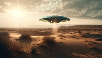 Fototapeta na wymiar Futuristic spaceship levitates over bizarre alien landscape, a sci fi fantasy generated by AI