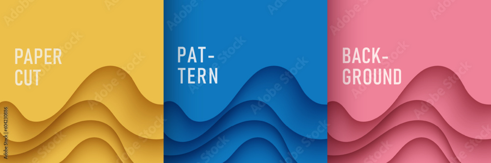 Wall mural set of abstract layers curly wavy papercut in yellow, pink and blue background. simple flat minimal 