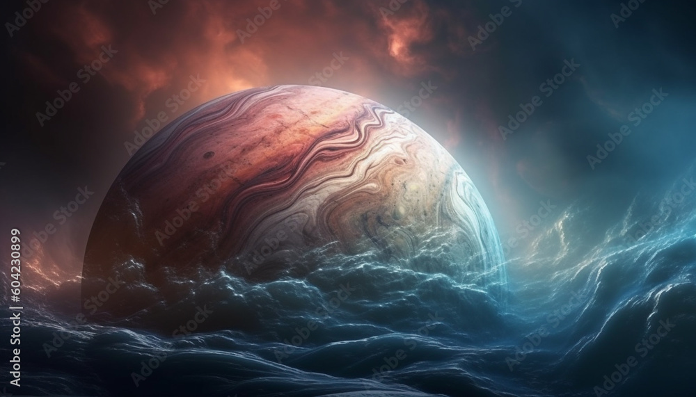 Poster abstract computer graphic illustrates deep space exploration of planet earth generated by ai