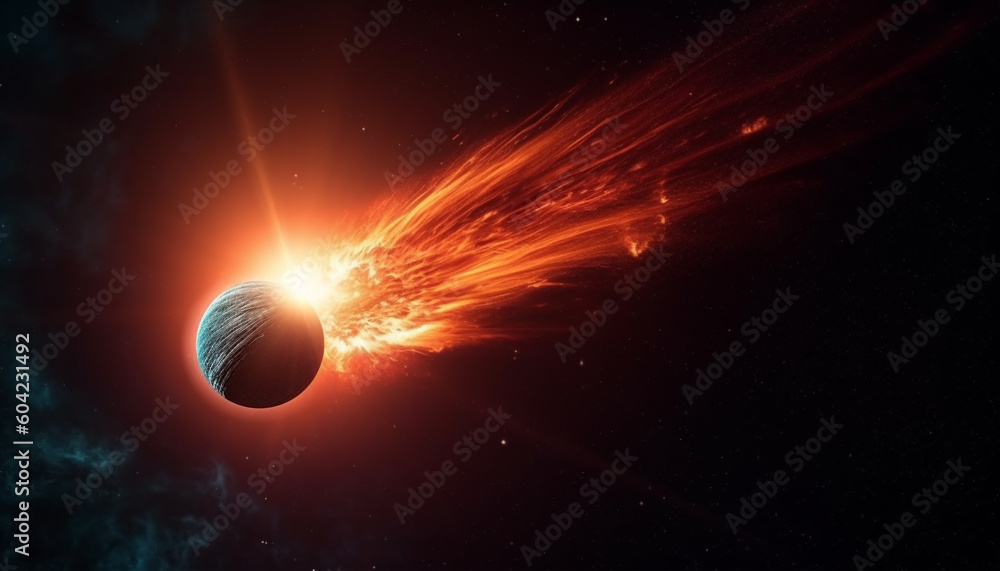 Poster exploding fireball orbits planet in glowing natural phenomenon illustration generated by ai