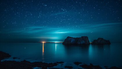The tranquil scene of the coastline illuminated by moonlight generated by AI