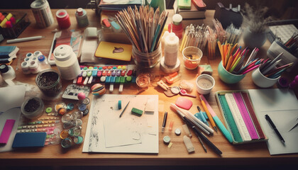 Vibrant watercolor paintings on messy desk showcase artist creativity generated by AI