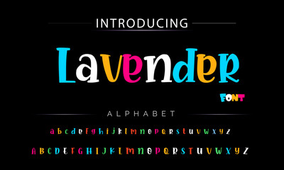 Obraz na płótnie Canvas Lavender Funky colorful cartoon font type. Vector alphabet