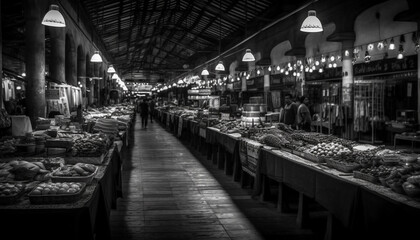 Fototapeta premium Seafood vendor sells fresh fish at crowded night market in city generated by AI