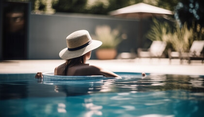 Obraz premium One woman, enjoying the sun and relaxation by the poolside generated by AI