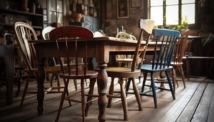 Fototapeta na wymiar Rustic metal chairs adorn modern dining table in cozy pub generated by AI