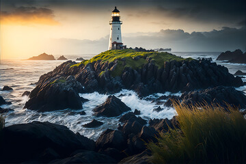 lighthouse on the rocky coastline with grass and cloudy sky