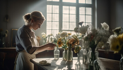 One woman, standing indoors, holding vase, smiling, working florist generated by AI