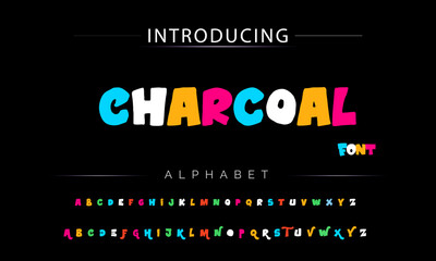 Fototapeta na wymiar Charcoal Funky colorful cartoon font type. Vector alphabet