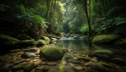 A tranquil scene in a tropical rainforest with flowing water generated by AI
