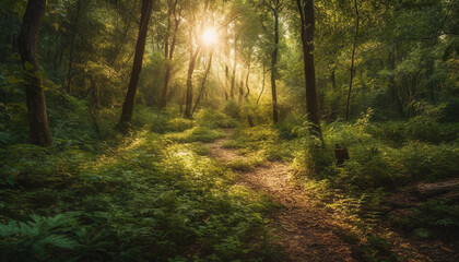 Obraz premium A tranquil scene in the forest: vibrant colors, sunlight, and mystery generated by AI