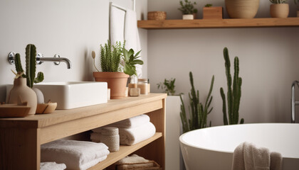 Fototapeta na wymiar Modern bathroom design with clean, fresh towels and plant decor generated by AI