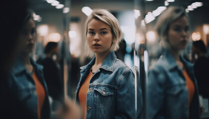 Fototapeta premium Confident young woman, elegance in casual clothing, walking to subway generated by AI
