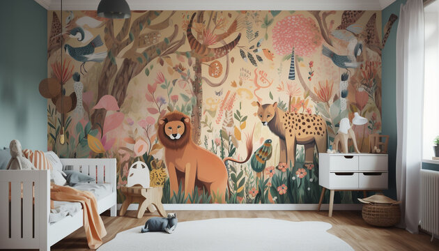 A modern, cute elephant decorates a comfortable, colorful bedroom interior generated by AI