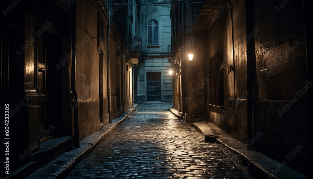 Poster the old architecture illuminated by lanterns creates a spooky cityscape generated by ai