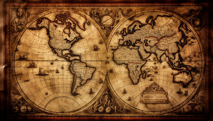 Fototapeta na wymiar An antique map of the world, engraved in classical style generated by AI
