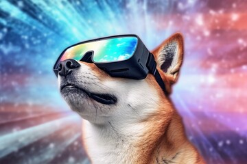 Adorable Shiba Inu sporting a VR headset, exploring virtual realms with curious excitement. A delightful blend of technology and cuteness, showcasing the Shiba's inquisitive nature. Generative AI