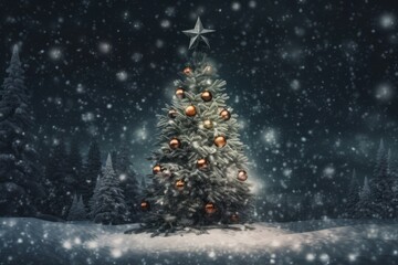 Decorated Christmas tree on a snowy day. Generative AI